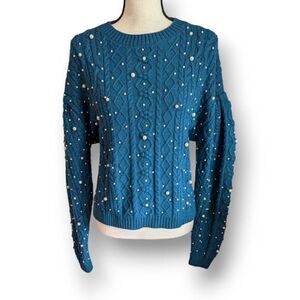 Something Navy Womens Sweater Pearl Embellishment Turquoise Small